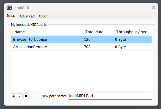 loopMIDI setup showing Browser to Cubase and ArticulationRemote ports