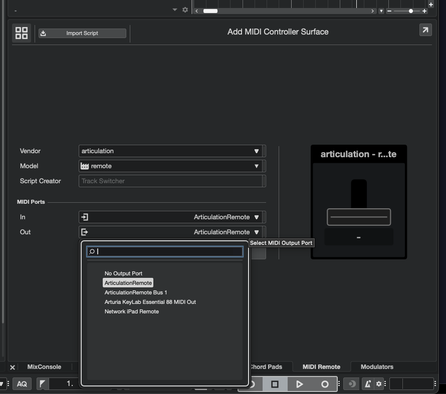 MIDI port selection showing ArticulationRemote ports
